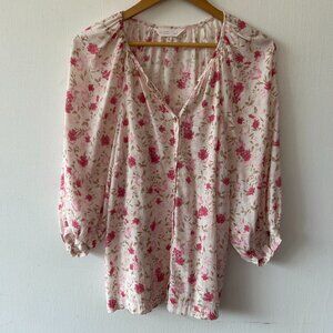 Lauren Conrad Pink Floral Coquette Blouse Womens Large Puff Sleeves V-neck